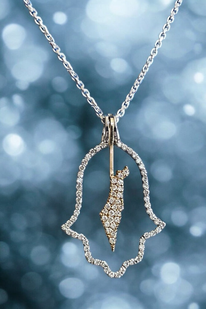 Hamsa Halo Protecting Israel. "Spread over Her a Shelter of Peace". 2 Piece Complete Pendant set, Hamsa and Israel are separate