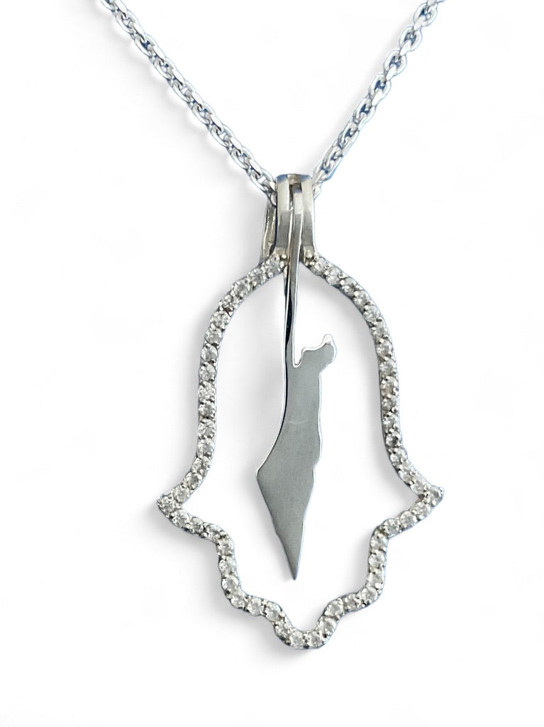 Hamsa Halo Protecting Israel. "Spread over Her a Shelter of Peace". 2 Piece Complete Pendant set, Hamsa and Israel are separate