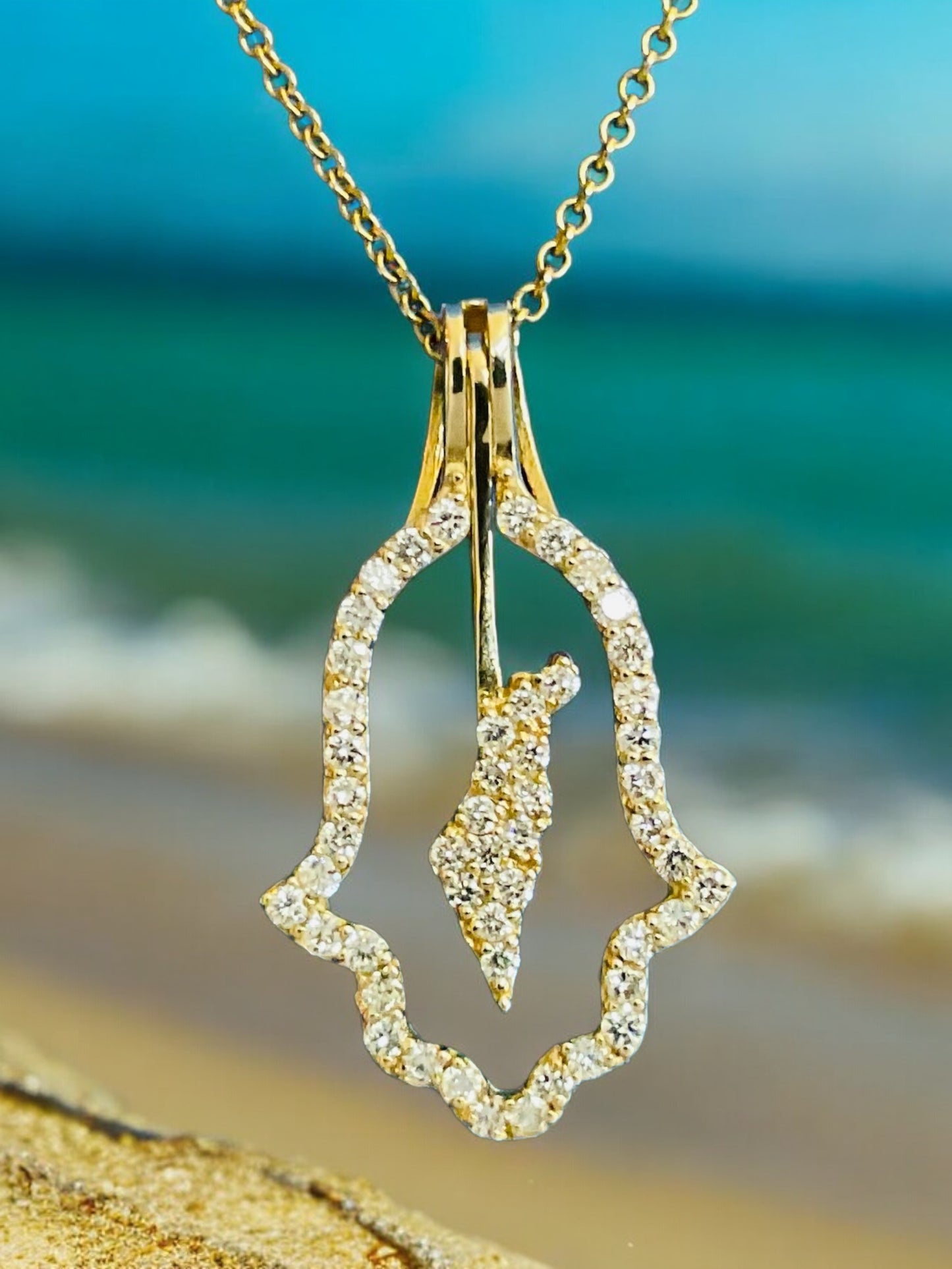 Hamsa Halo Protecting Israel. "Spread over Her a Shelter of Peace". 2 Piece Complete Pendant set, Hamsa and Israel are separate