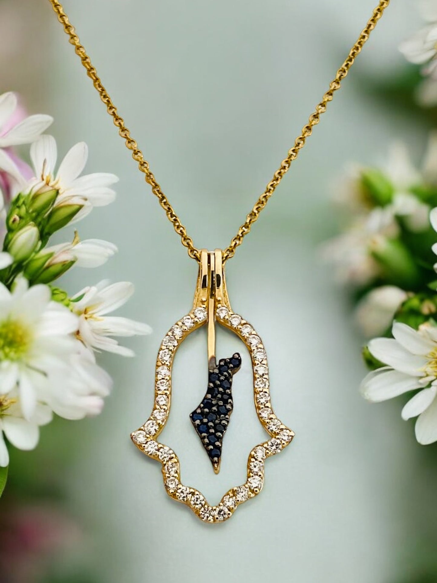 Hamsa Halo Protecting Israel. "Spread over Her a Shelter of Peace". 2 Piece Complete Pendant set, Hamsa and Israel are separate